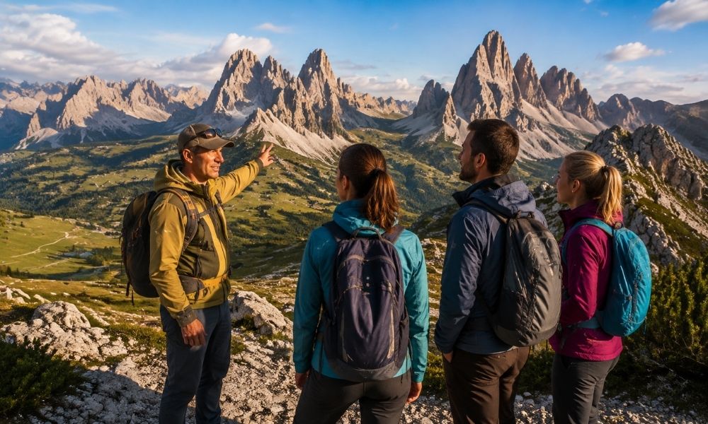 A local driver-guide showing travellers the Dolomites