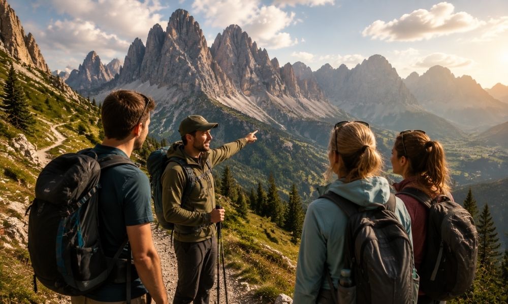 A local driver-guide showing travellers the Dolomites